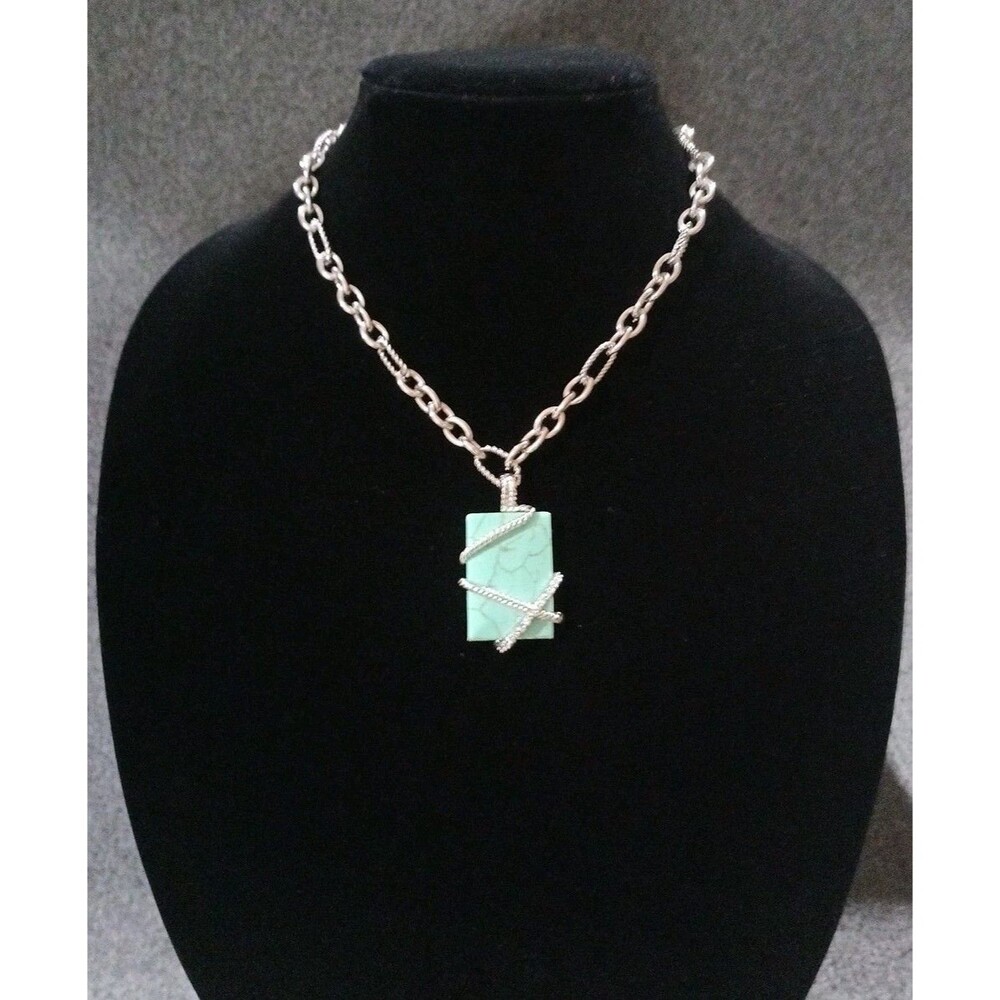 Wrapped Turquoise Marble Rectangular Pendant Silv… - image 1